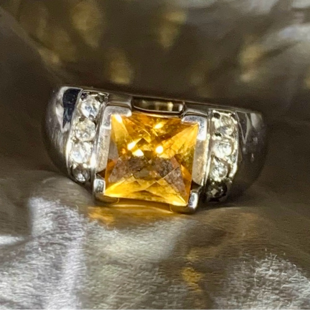 Dandelion Citrine Square Cut Stone between cz’s Set in  Sterling Silver